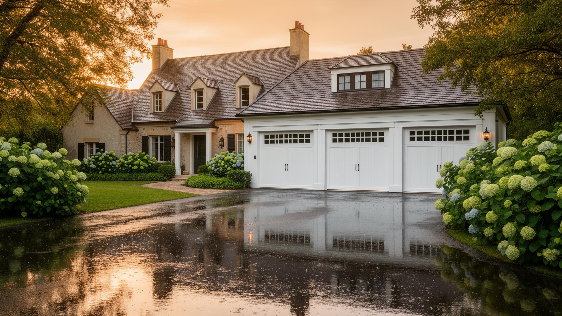 Beautiful French country estate with craftsman garage doors